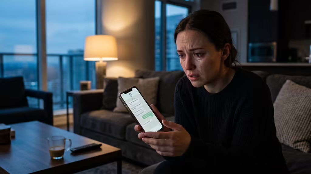 Mujer reflexiona antes de confrontar a su pareja con evidencia documentada