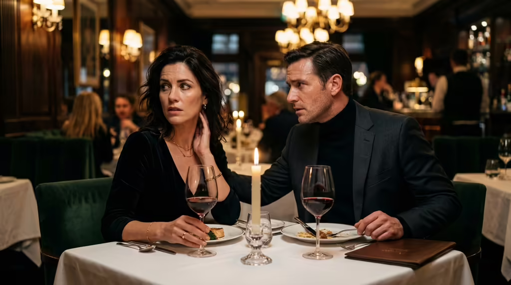 Pareja con vínculo emocional en cena íntima — ilustración de infidelidad emocional